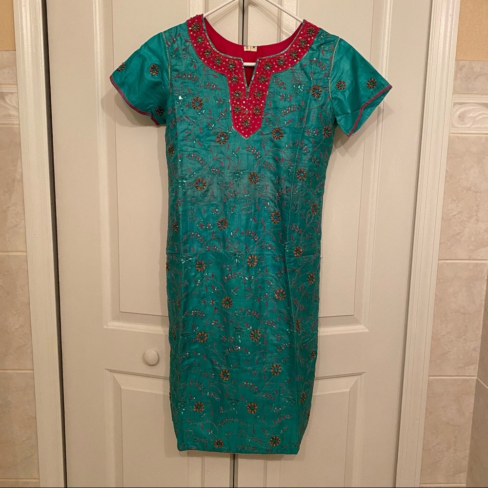 Teal & Pink 3 Piece Floral Indian Salwar Kameez / Punjabi Dress